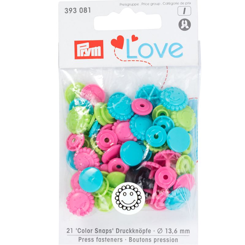 Prym Love Color Snaps Druckknöpfe Blumen (13,6 mm/ 21 St./ türkis/ grün/ pink)