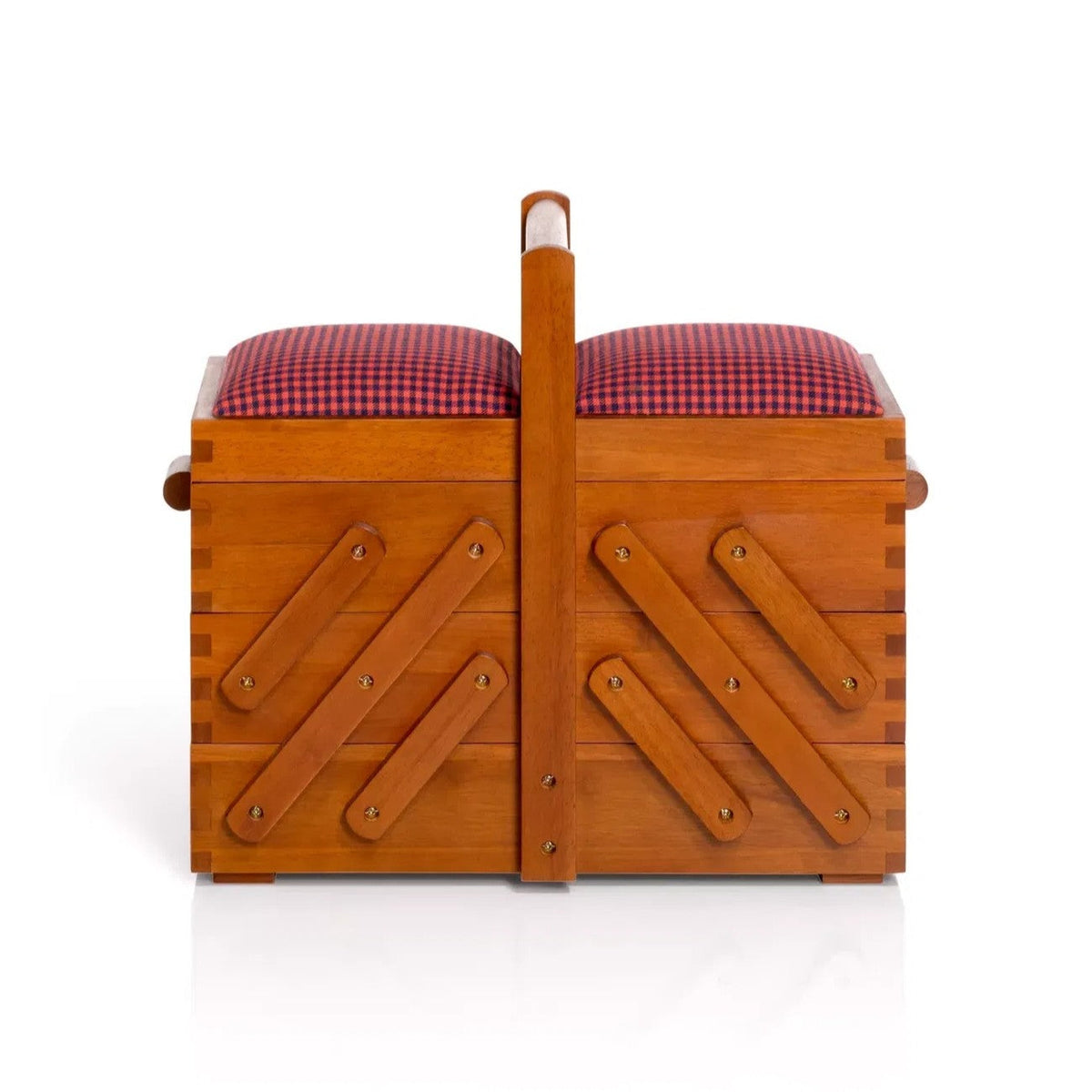 Prym Nähkasten Holz M (dunkel/ rot-schwarzer Vichy-Karostoff)