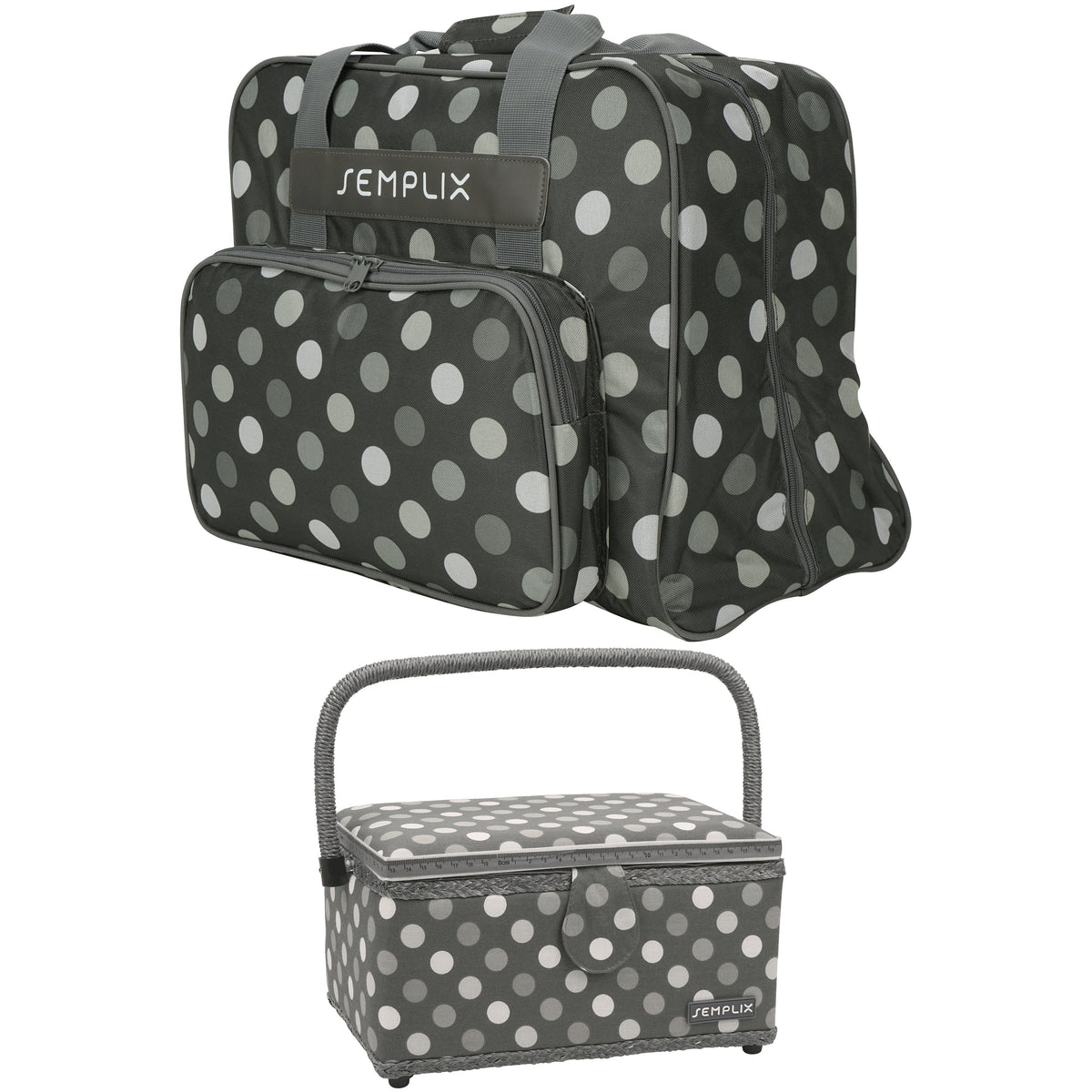 Semplix Polka Dots Nähmaschinentasche mit Nähkorb L (anthrazit/grau)