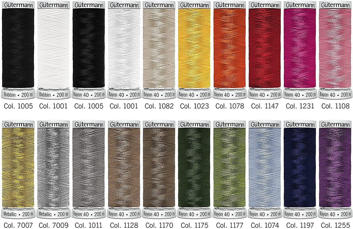 Gütermann Rayon 40 Stickfaden-Set-1 (16 x 200 m/ 2 x Metallic/ 2 x  Bobbin)