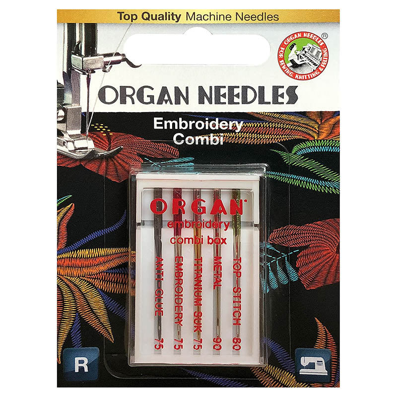 Organ Combi-Box Embroidery/ Titanium/ Metall/ Top Stitch/ Anti-Glue/ 130/705H/ 5 Nadeln