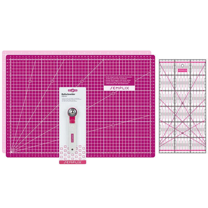 Semplix Schneidematten-Set A3 pink/beere/ Lineal/ Rollschneider 28 mm
