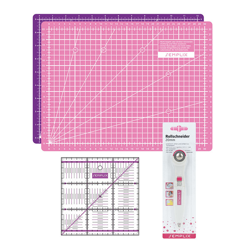 Semplix Schneidematten-Set A4 pink/lila Lineal/ Rollschneider 20 mm