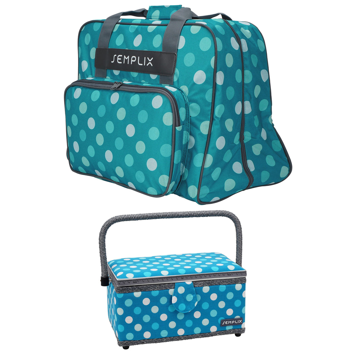 Semplix Polka Dots Nähmaschinentasche mit Nähkorb L (petrol/türkis)