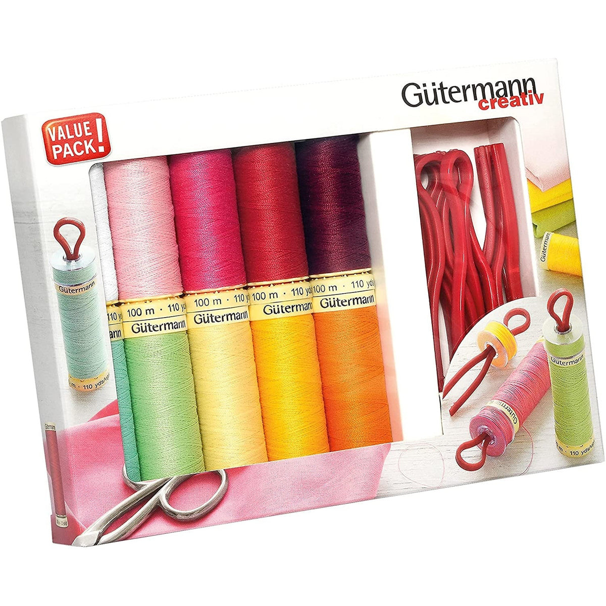 Gütermann Allesnäher + 10 Bobbin-Clips Nähfaden-Set (10 Farben/ 100 m )
