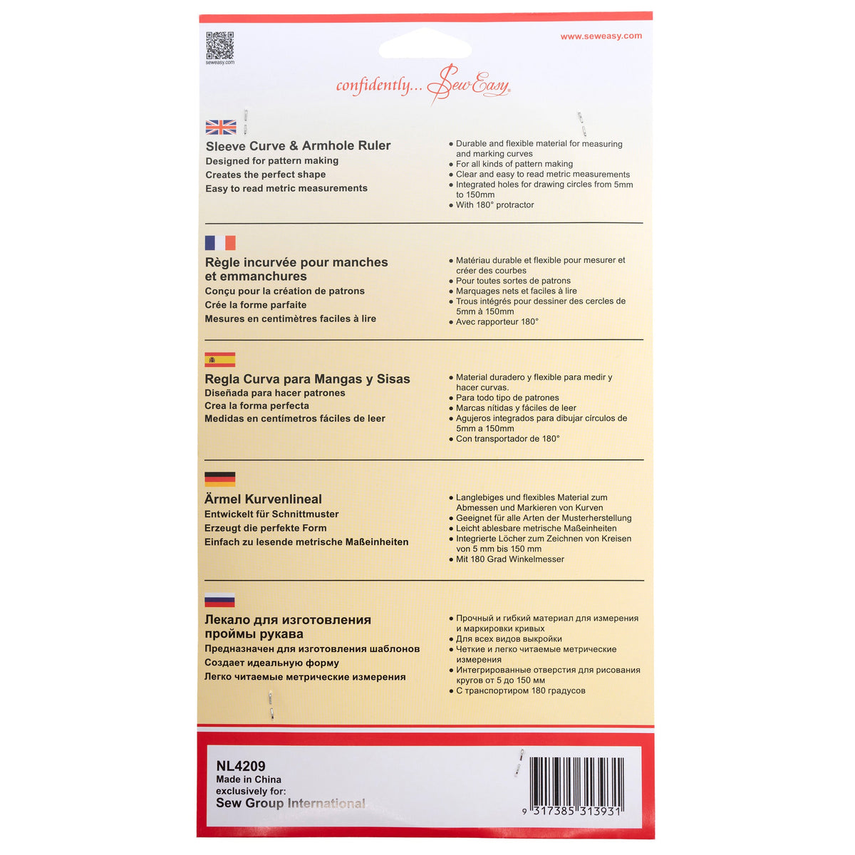 Sew Easy Ärmel Kurvenlineal - Sleeve Curve Armhole Ruler