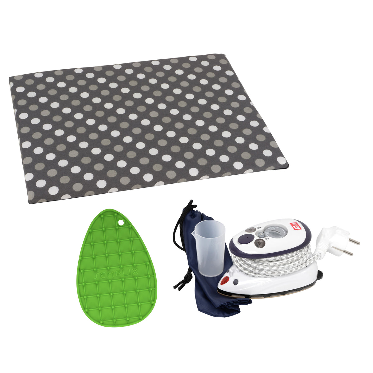 Semplix Bügelunterlage grau + Mini-Bügeleisen + Silikon Ablage grün