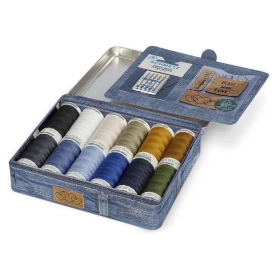 Gütermann Denim Box mit Jeansnadeln Lederetiketten No.50 (12 Farben/ 100 m)
