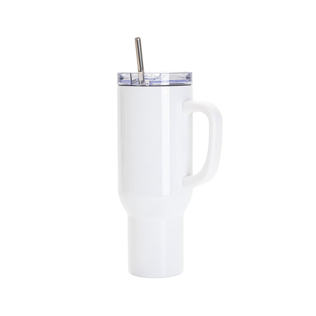 Edelstahl-Becher mit Strohhalm (1200 ml / weiß / für Sublimationsdrucke geeignet)