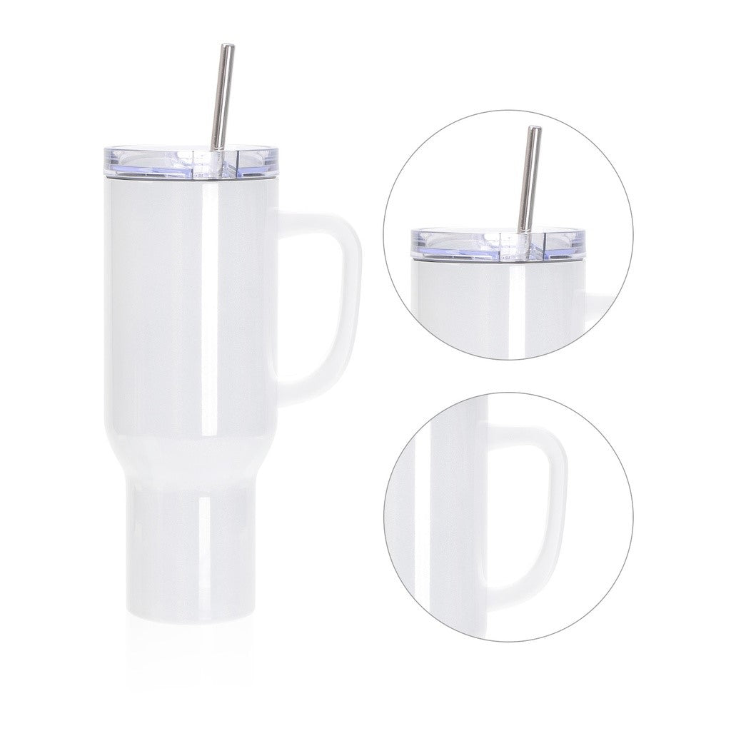 Edelstahl-Becher mit Strohhalm (1200 ml / weiß / für Sublimationsdrucke geeignet)
