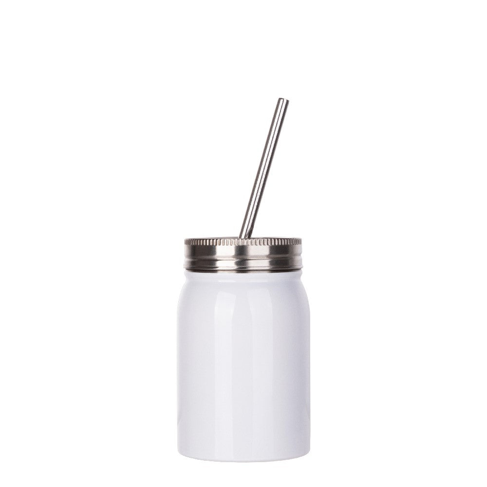 Thermo-Becher mit Metalldeckel und -strohhalm (500 ml / weiß / für Sublimationsdrucke geeignet)