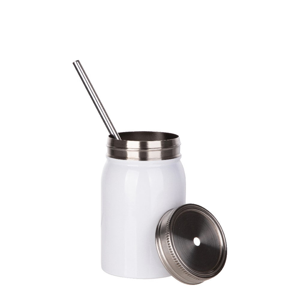 Thermo-Becher mit Metalldeckel und -strohhalm (500 ml / weiß / für Sublimationsdrucke geeignet)