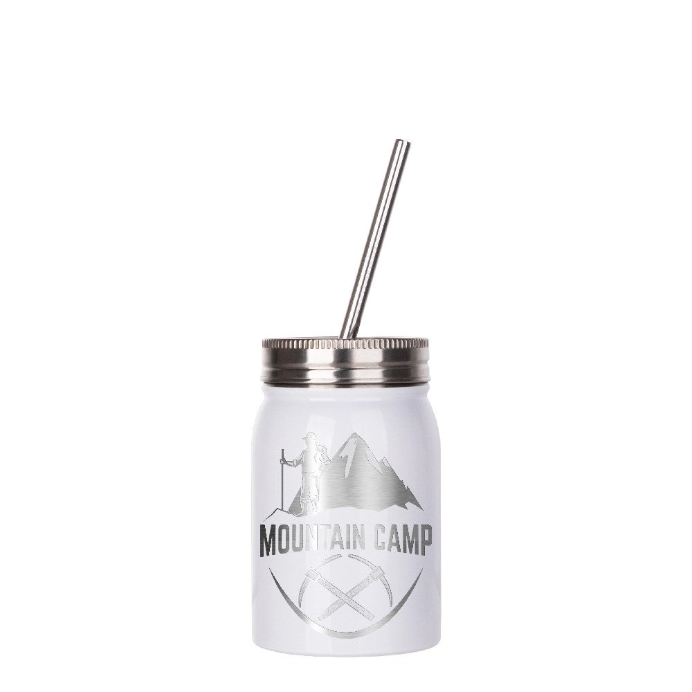 Thermo-Becher mit Metalldeckel und -strohhalm (500 ml / weiß / für Sublimationsdrucke geeignet)