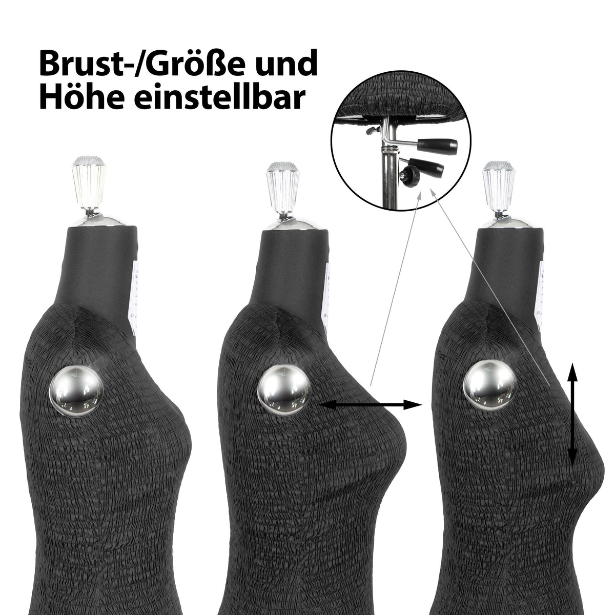 Fabma Schneiderpuppe/Schneiderbüste / Arm links und rechts / mit Rollen (weiblich / Größe 36 - 48 / schwarz / verstellbar)