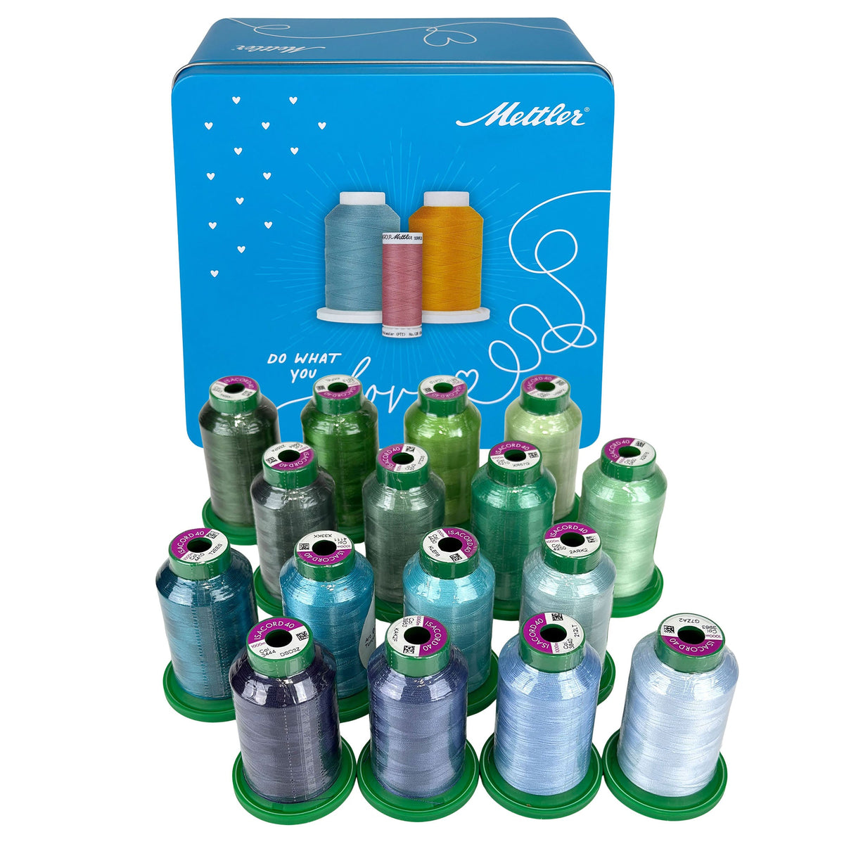 Amann Mettler Garndose Isacord (Farbe grün, blau, aqua, türkis / 1000 m / 16 Konen / Stickgarn)