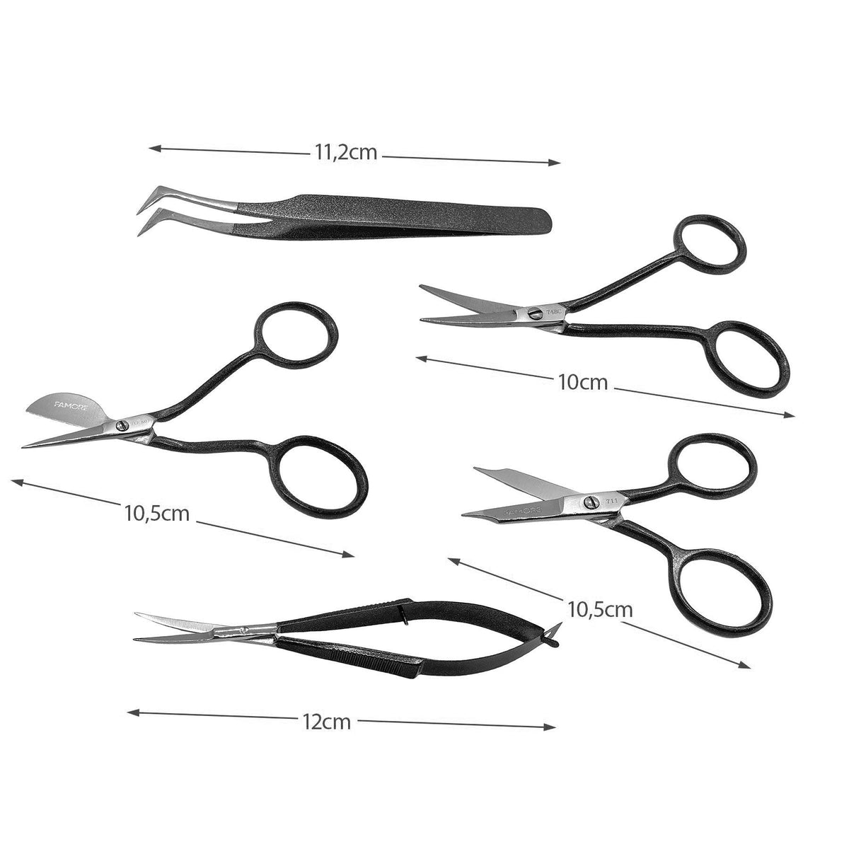 Famore Stick-Scherenset bunt mit Etui (4 Spezialscheren + Pinzette)
