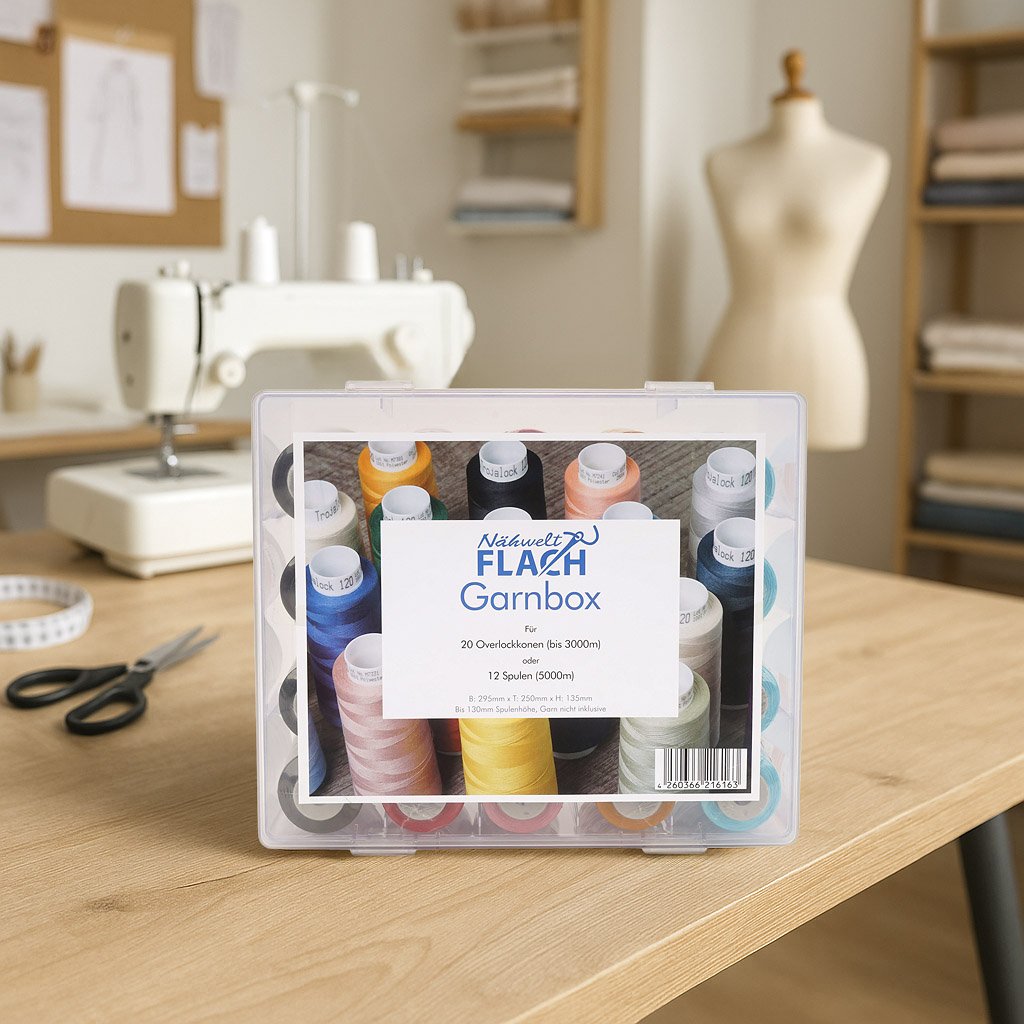 Acryl-Garnbox mit 5 bunten Farben Gütermann Toldi-Lock (2500 m / 20 Konen) Overlockgarn
