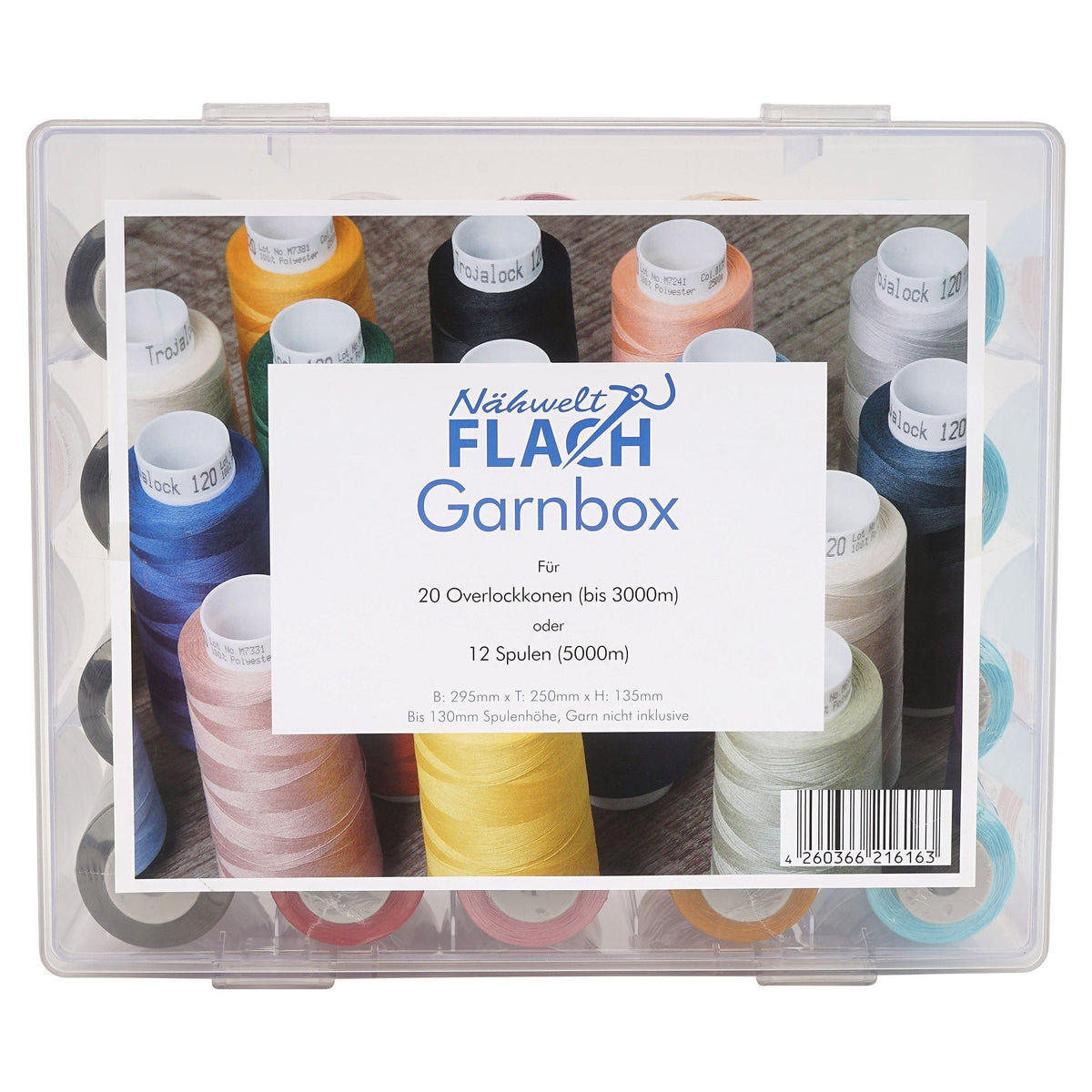 Acryl-Garnbox mit 5 bunten Farben Gütermann Toldi-Lock (2500 m / 20 Konen) Overlockgarn