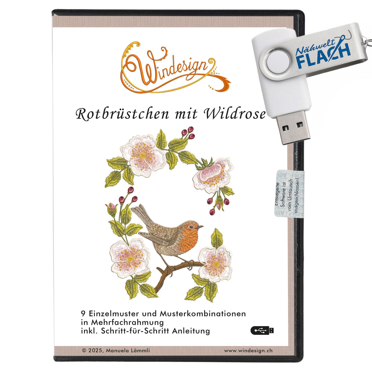 Windesign Stickmuster USB "Rotbrüstchen mit Wildrose" (9 Motive)