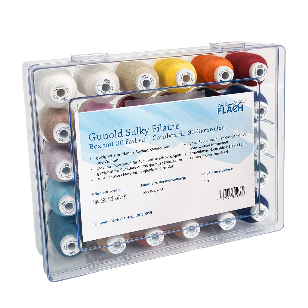 Gunold Sulky Filaine mit Acryl-Garnbox (400 m / 30 Farben) Näh-, Overlock-, Stick- und Quiltgarn