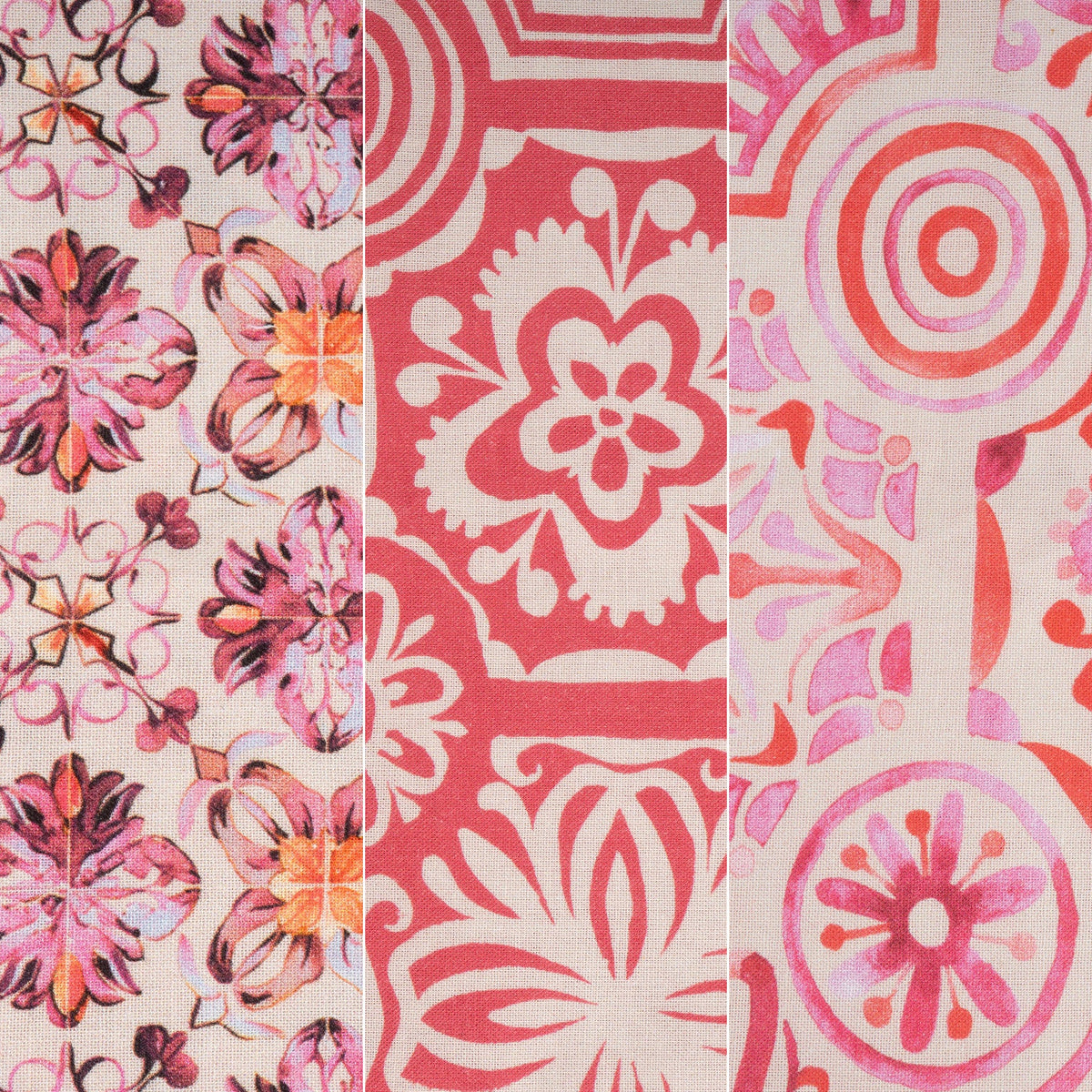 3er Bundle Baumwollstoff gemustert (je 50 x 135 cm / rot/pink/beere)