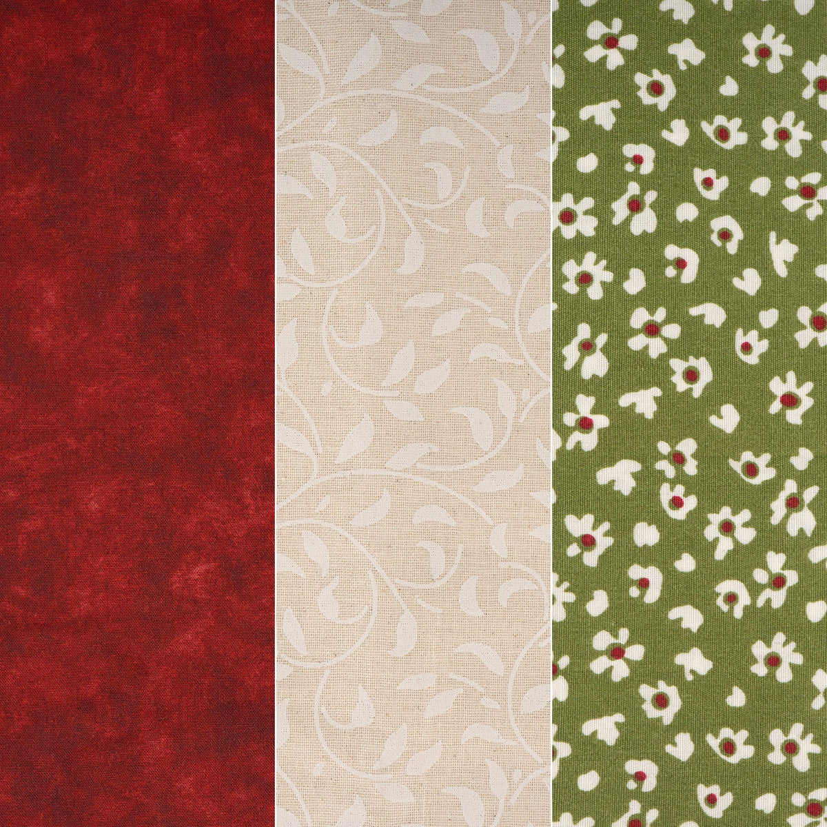 3er Bundle Baumwollstoff gemustert (je 50 x 135 cm / weinrot/beige/grün)