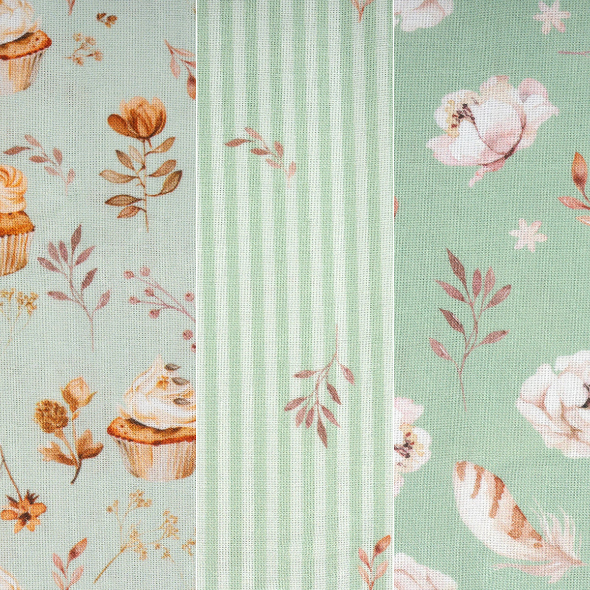 3er Bundle Baumwollstoff gemustert (je 50 x 135 cm / mint/beige/rosé