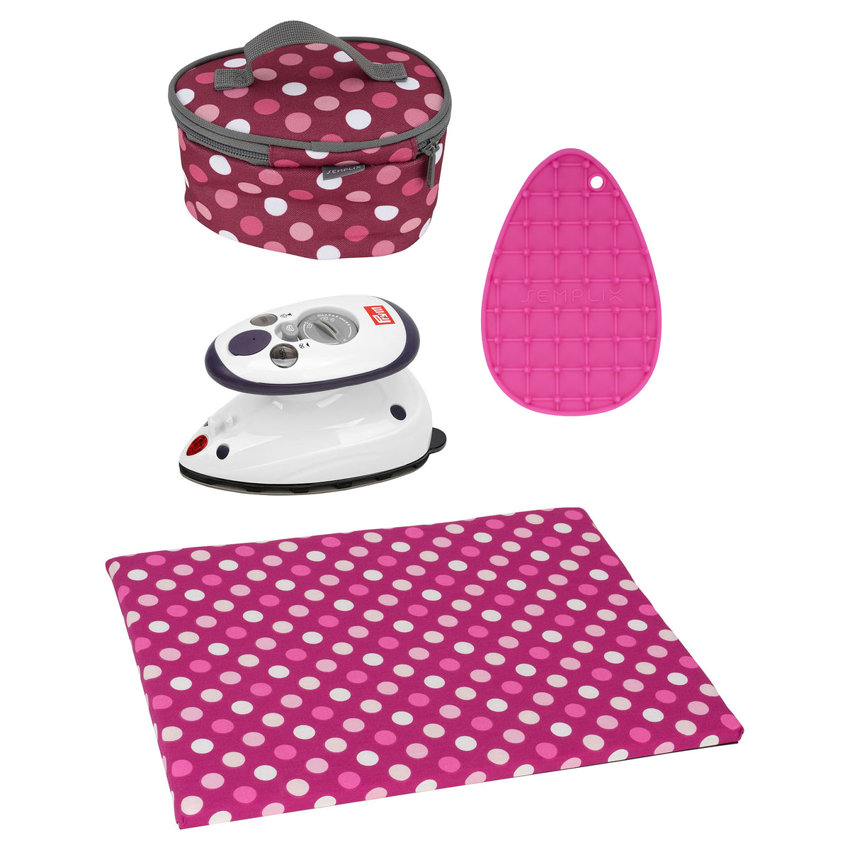 Semplix Mini-Bügeleisen Set + Unterlage Polka Dots berry/pink