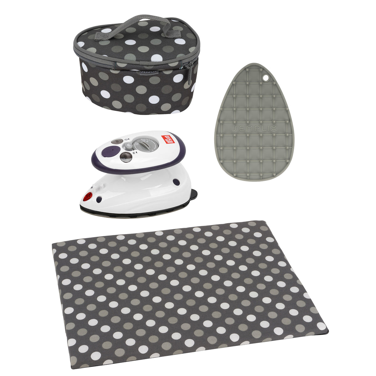 Semplix Mini-Bügeleisen Set + Unterlage Polka Dots anthrazit/grau