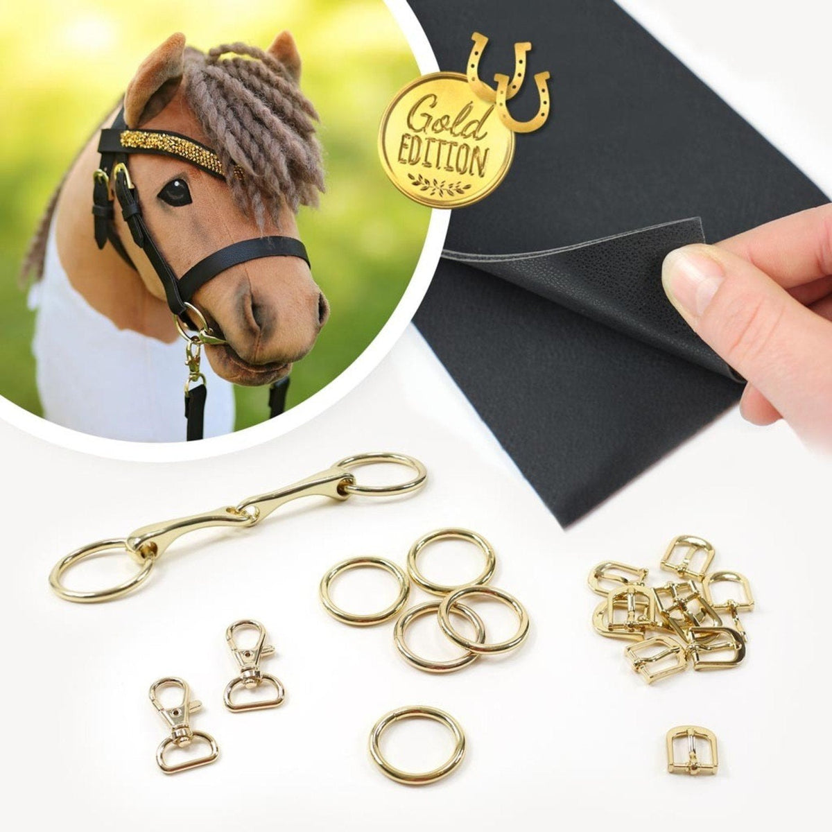 Kullaloo Hobby Horse Trense Material-Set gold mit schwarzem Leder