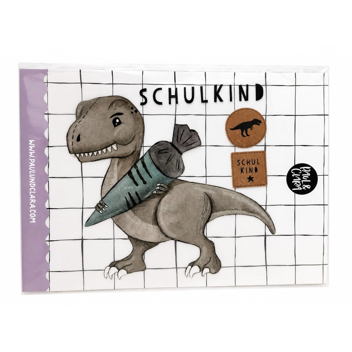 Paul und Clara Bügelbild Dino Rex Schulkind