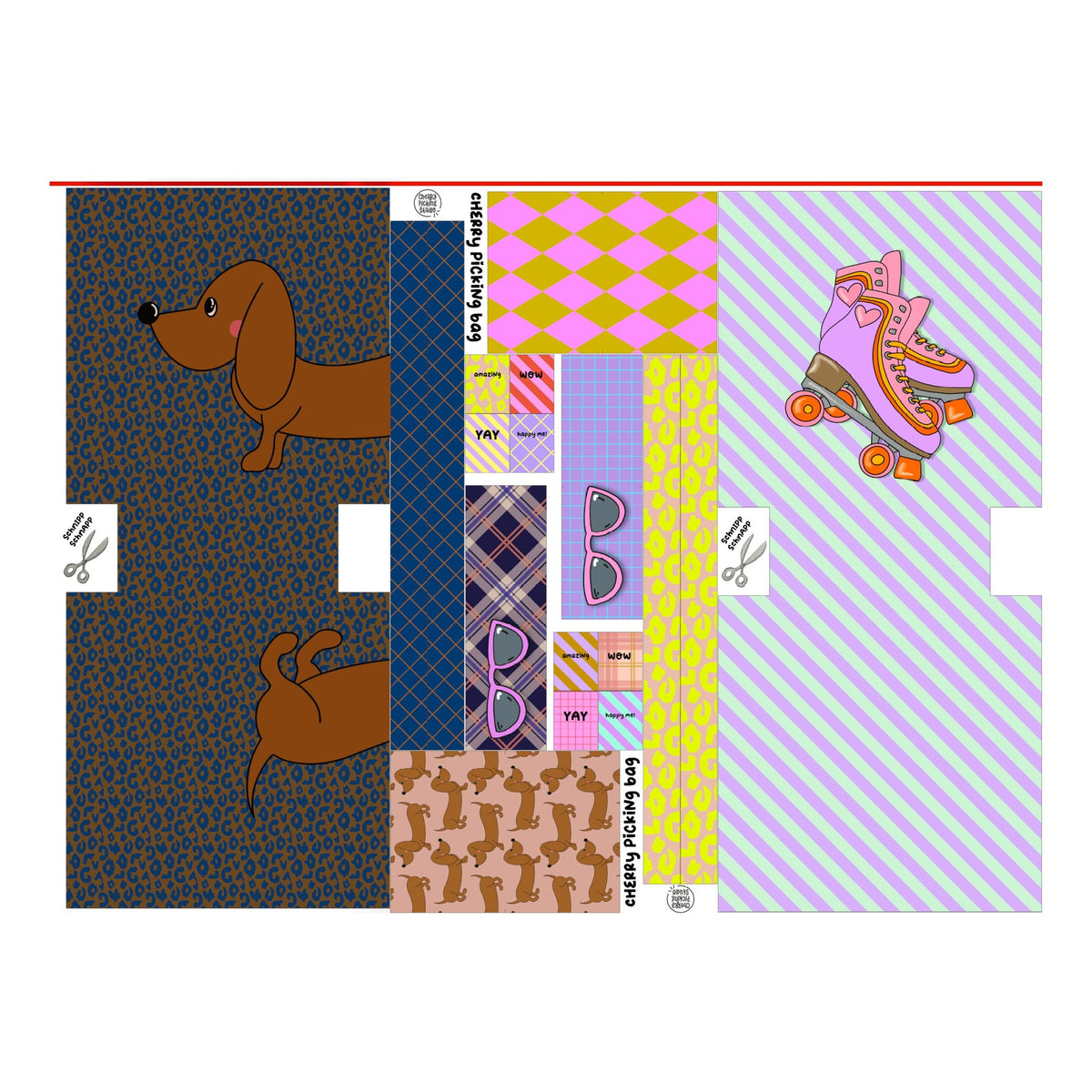 Taschenpanel "Dackel" und "Rollschuh" by Cherry Picking (ca. 100 x 150 cm)