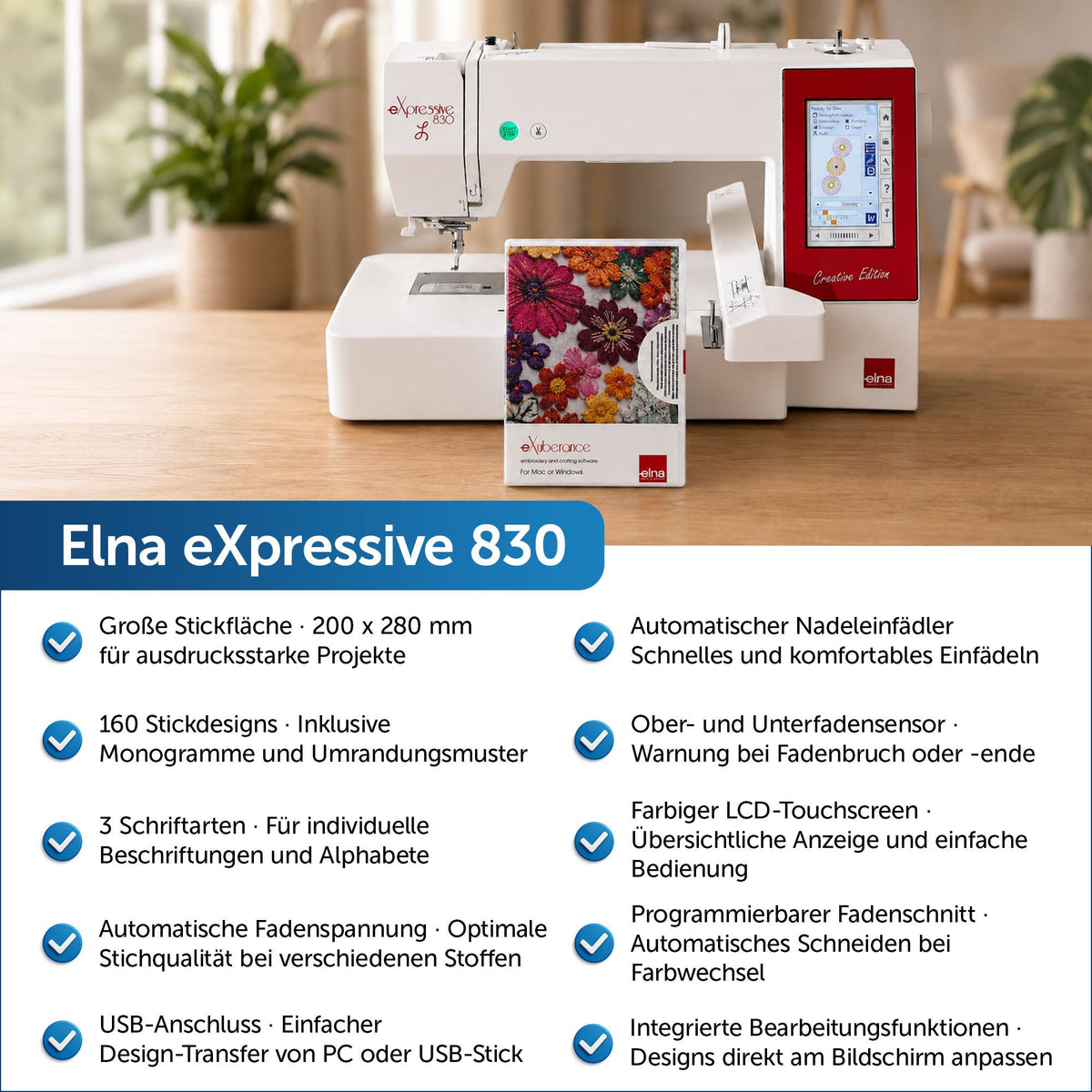 Elna eXpressive 830L CE  inkl. exuberance Junior Sticksoftware für eigene Stickmuster