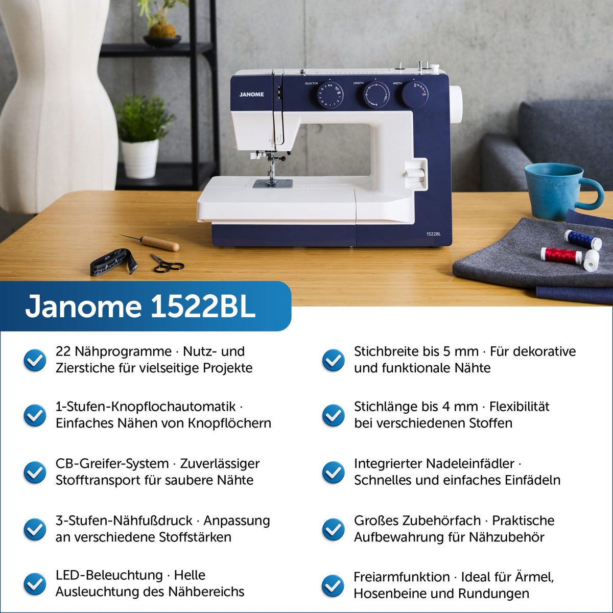 Janome 1522BL Mechanische Nähmaschine (blau)