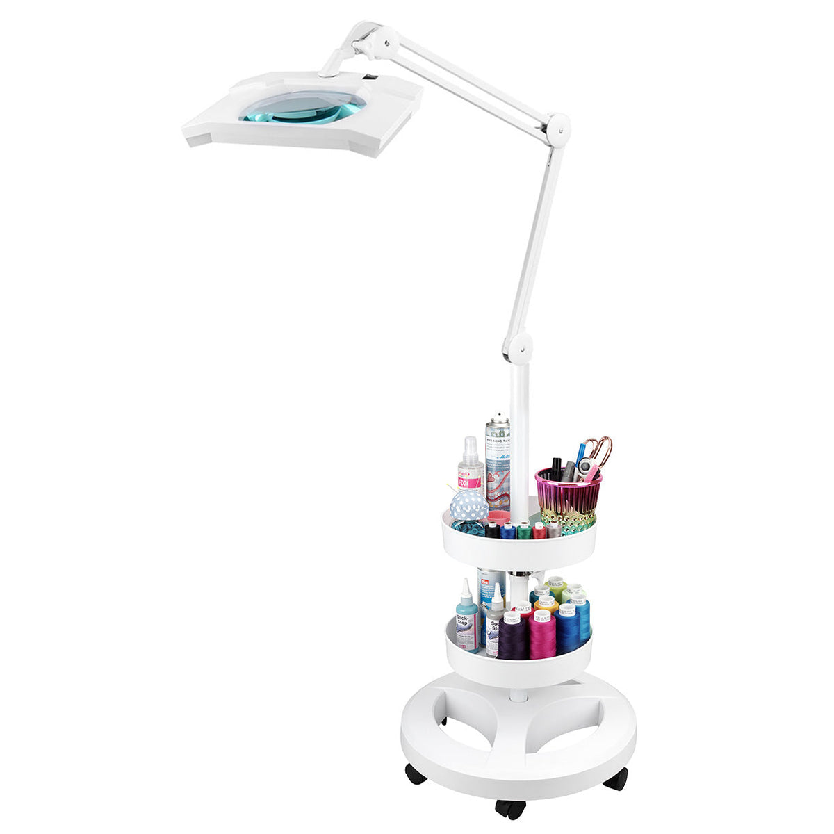 Semplix LED Lupen-Stehlampe 3D weiß (Linse 189x157mm/ inkl. Standfuß m. Rollen/ 2 Tabletts)