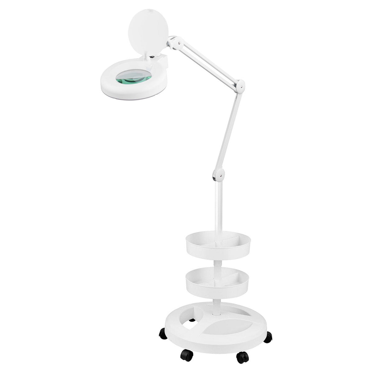 Semplix LED Lupen-Stehlampe 3D weiß (Linse 127mm/ inkl. Standfuß m. Rollen/ 2 Tabletts)