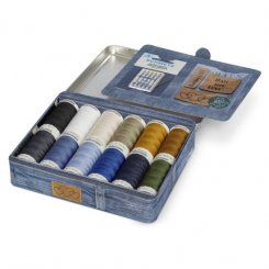 Gütermann Denim Box mit Jeansnadeln Lederetiketten No.50 (12 Farben/ 100 m)