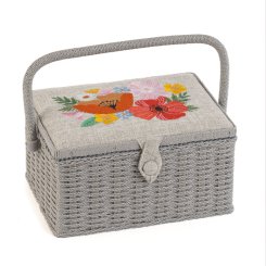 Flecht-Nähkorb "Mohnblumen" (bestickt/ 26 x 19 x 14,5 cm)
