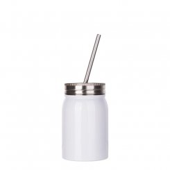 Thermo-Becher mit Metalldeckel und -strohhalm (500 ml / weiß / für Sublimationsdrucke geeignet)