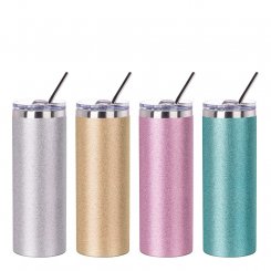 Thermo-Becher Glitter mit Deckel und Strohhalm (600 ml / farbig / für Sublimationsdrucke geeignet)
