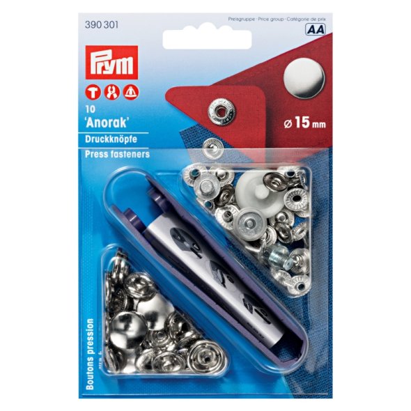 Prym Druckknöpfe Anorak (15 mm/ silberfarbig/ 10 St./ inkl. Werkzeug)
