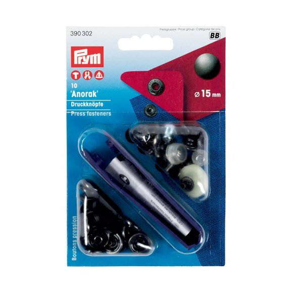 Prym Druckknöpfe Anorak (15 mm/ schwarz/ 10 St./ inkl. Werkzeug)