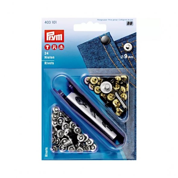 Prym Nieten Universal Jeans (9 mm/ silberfarbig/ 24 St./ inkl.Werkzeug)