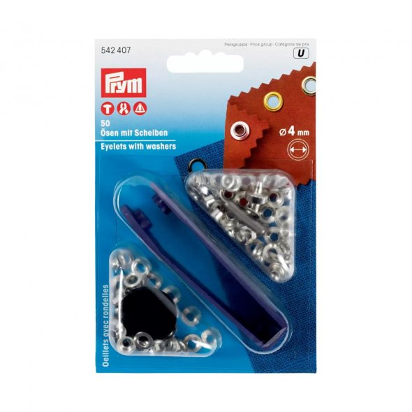 Prym Ösen mit Scheiben (4 mm/ silberfarbig/ 50 St./ inkl. Werkzeug)