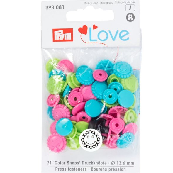 Prym Love Color Snaps Druckknöpfe Blumen (13,6 mm/ 21 St./ türkis/ grün/ pink)