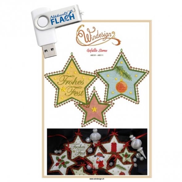 Windesign Stickmuster USB "Weihnachtssterne" in Lacetechnik mit Innenstern