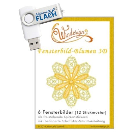 Windesign Stickmuster USB Fensterbilder - Blumen 3D (freistehende Spitzenstickerei)