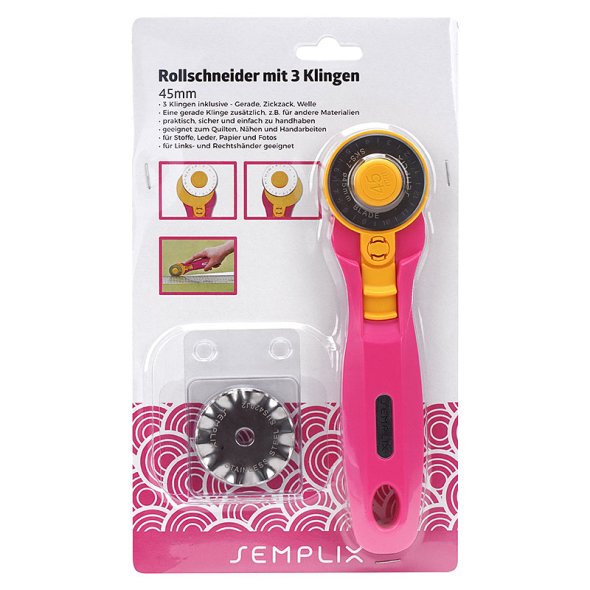 Semplix Rollschneider Maxi mit 3 Klingen (45 mm/ Gerade/ Wellen/ Zacken/ pink)
