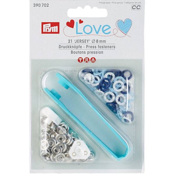 Prym Love Jersey Druckknöpfe (8 mm/ blau/ weiß/ hellblau/ 21 St./ inkl.Werkzeug)