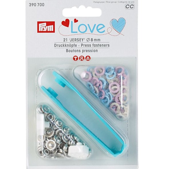 Prym Love Jersey Druckknöpfe (8 mm/ rosa/ hellblau/ perle/ 21 St./ inkl.Werkzeug)